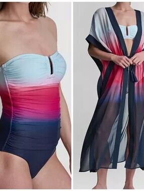 DKNY Ombre Ruched Bandaeu Swimsuit & Coordinating Semi Sheer Cover Duster
